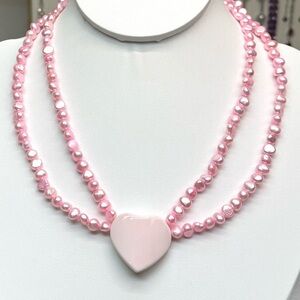 NQC54 Blush Queen Conch & Pink Freshwater Pearl Double String Heart NecklaceS925